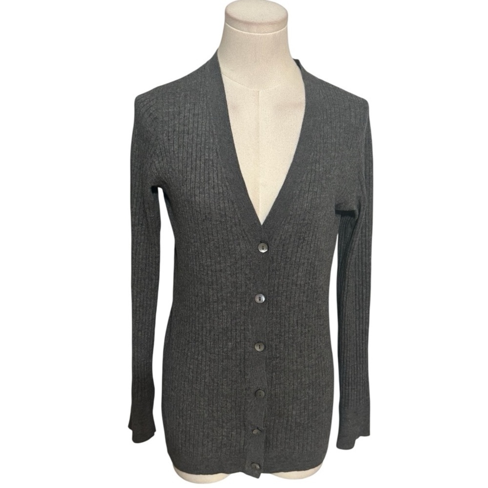 Vince Charcoal Gray Ribbed Cashmere Knit Sweater Cardigan Button Up Sz M Luxury